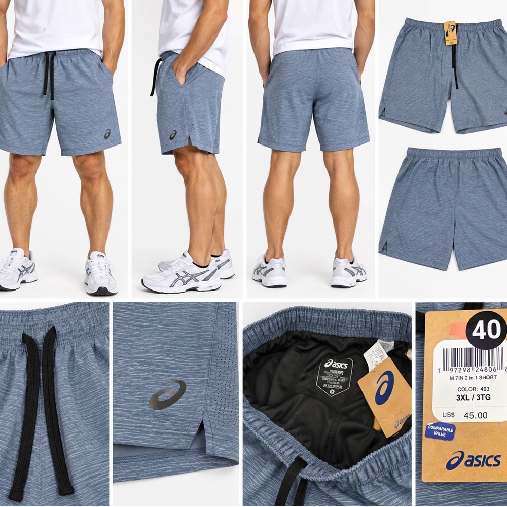 Asics Mens 7 Inch 2 in 1 Running Shorts Blue Heather 3XL NWT